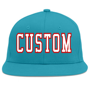 Custom Aqua White-Red Flat Eaves Sport Baseball Cap