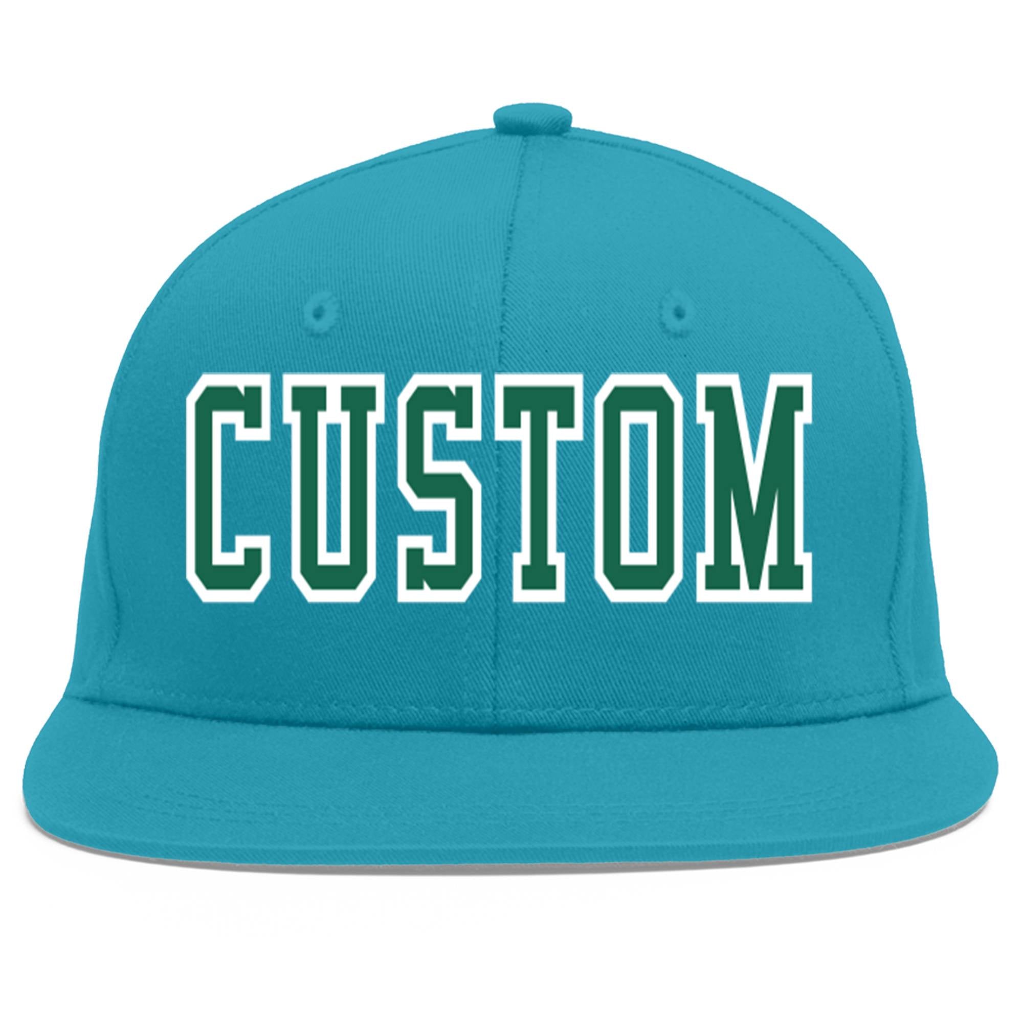 Custom Aqua Kelly Green-White Flat Eaves Sport Baseball Cap