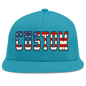 Custom Aqua Vintage USA Flag-Gold Flat Eaves Sport Baseball Cap