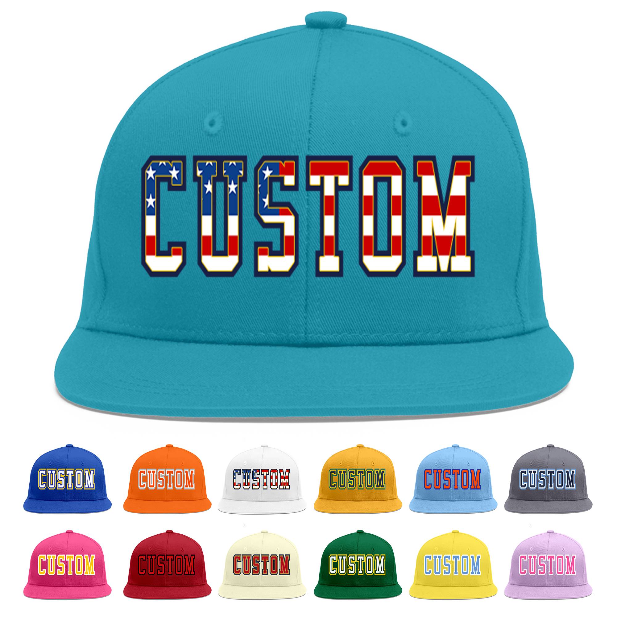 Custom Aqua Vintage USA Flag-Gold Flat Eaves Sport Baseball Cap