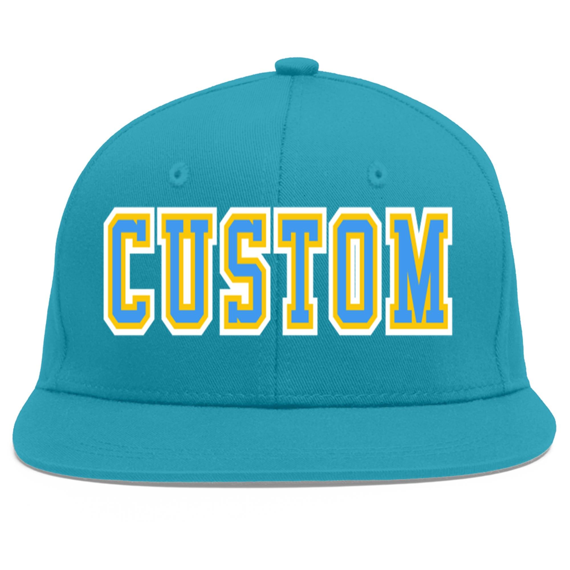 Casquette de baseball sport personnalisée Aqua Powder bleu-or Flat Eaves