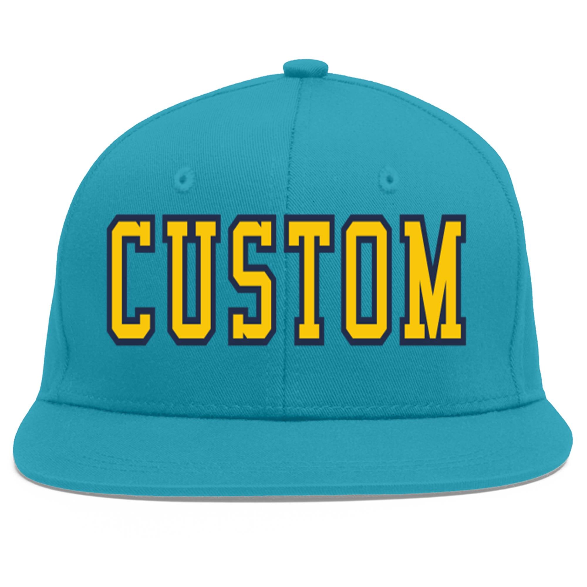 Custom Aqua Gold-Navy Flat Eaves Sport Baseball Cap