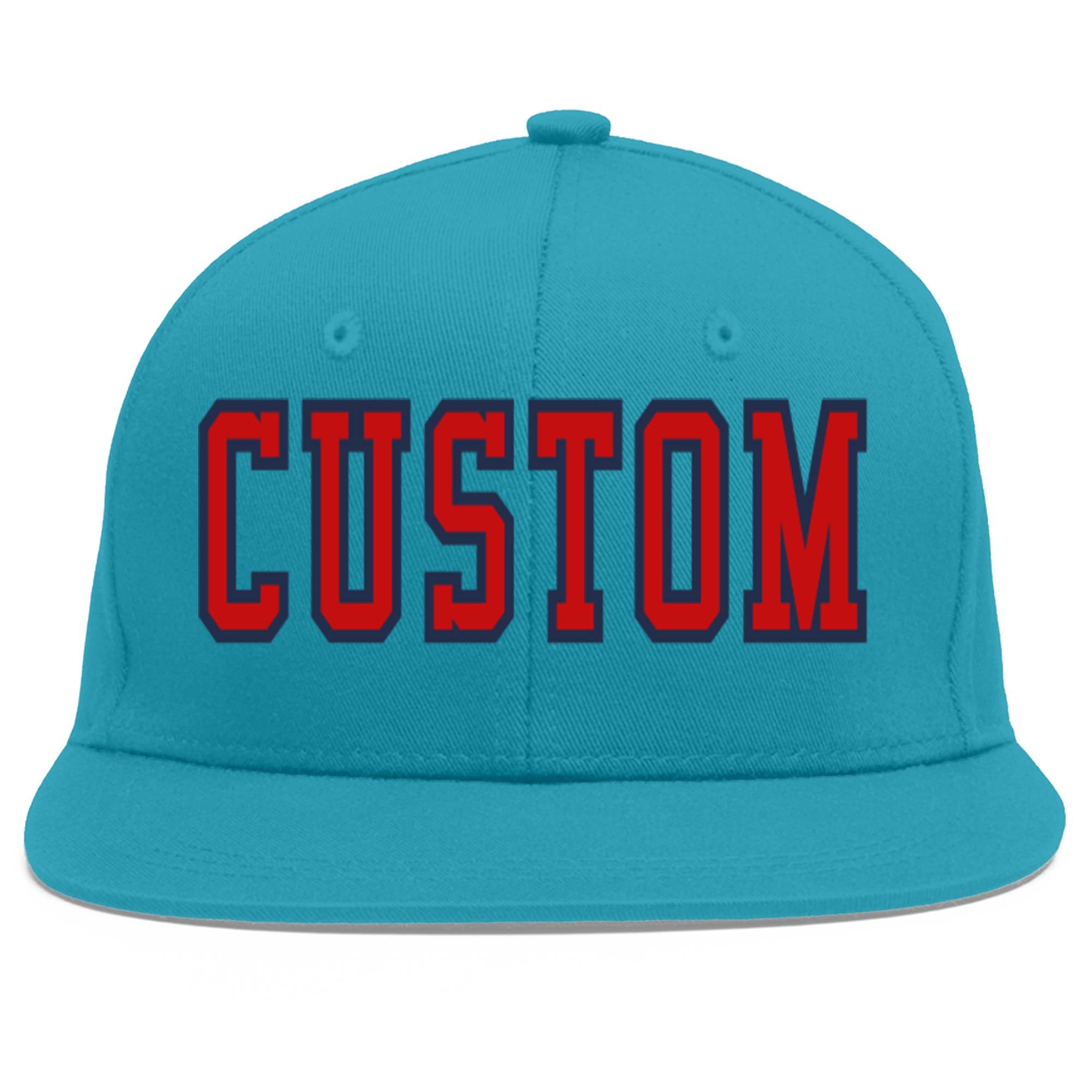 Custom Aqua Red-Navy Flat Eaves Sport Baseball Cap