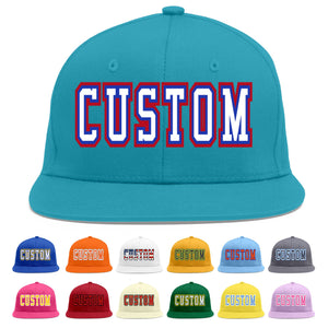 Custom Aqua White-Red Flat Eaves Sport Baseball Cap