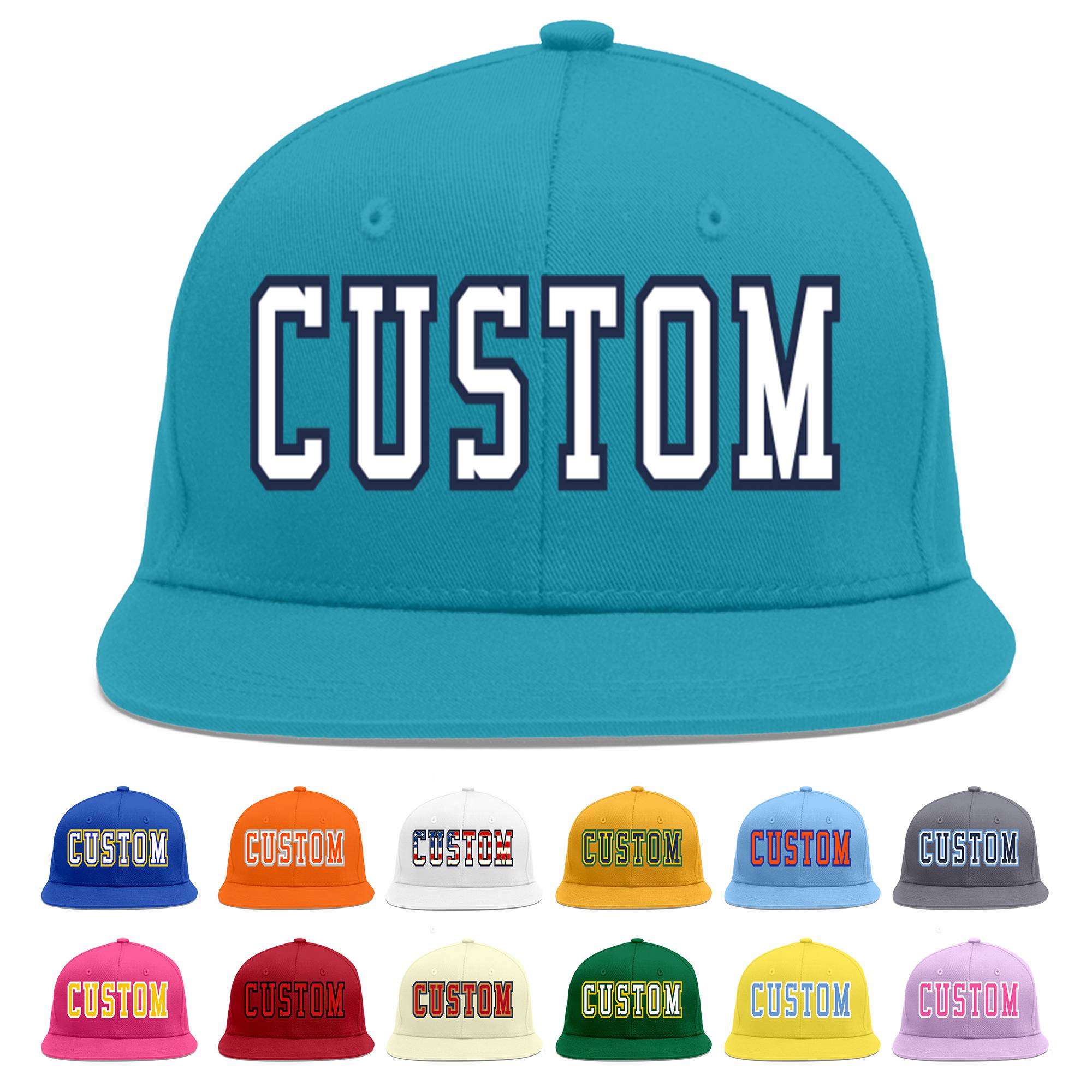 Custom Aqua White-Navy Flat Eaves Sport Baseball Cap