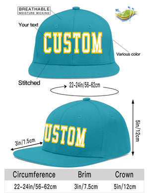 Custom Aqua White-Gold Flat Eaves Sport Baseball Cap