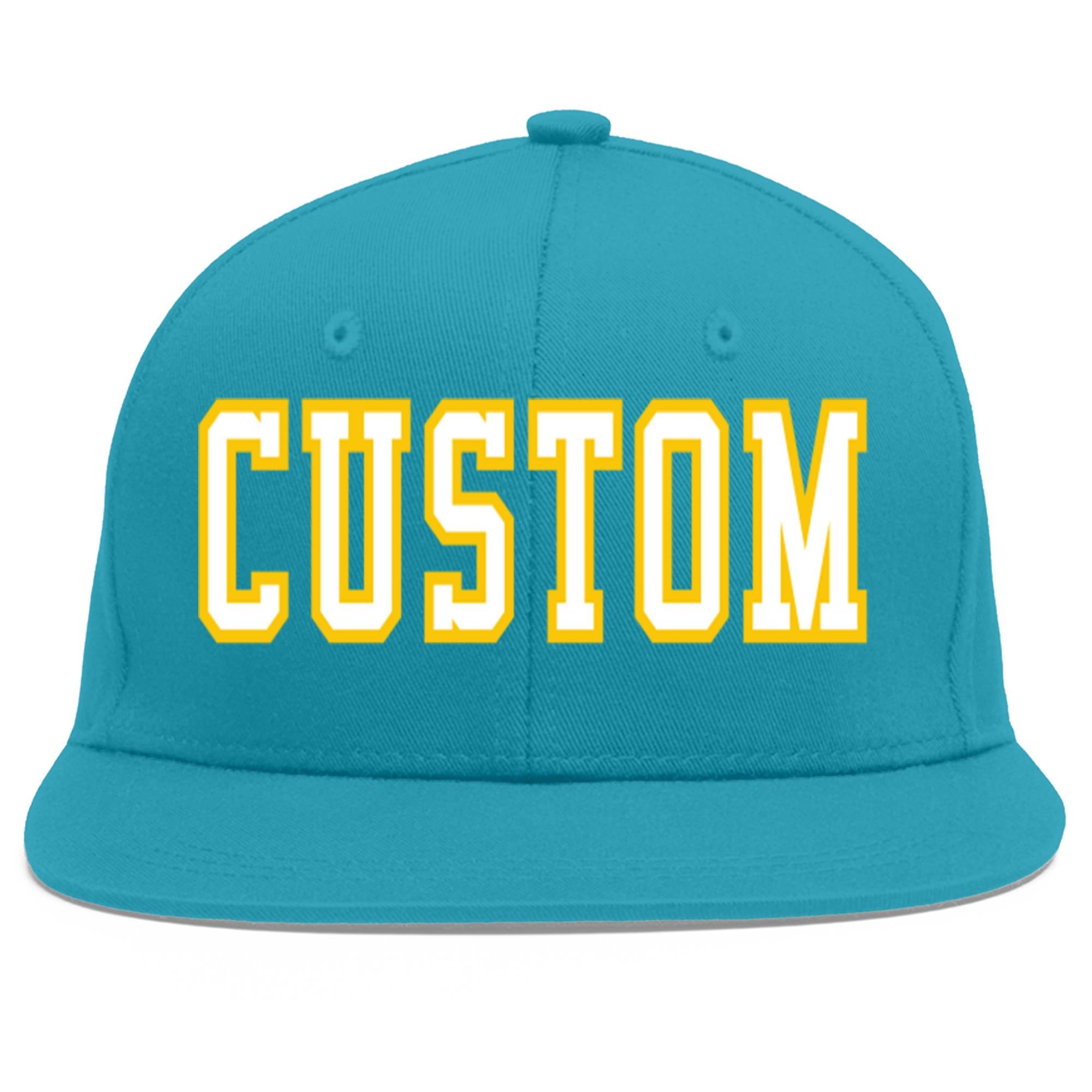 Custom Aqua White-Gold Flat Eaves Sport Baseball Cap