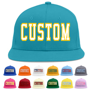 Custom Aqua White-Gold Flat Eaves Sport Baseball Cap