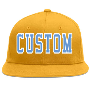 Custom Gold Light Blue-White Flat Eaves Sport Baseball Cap