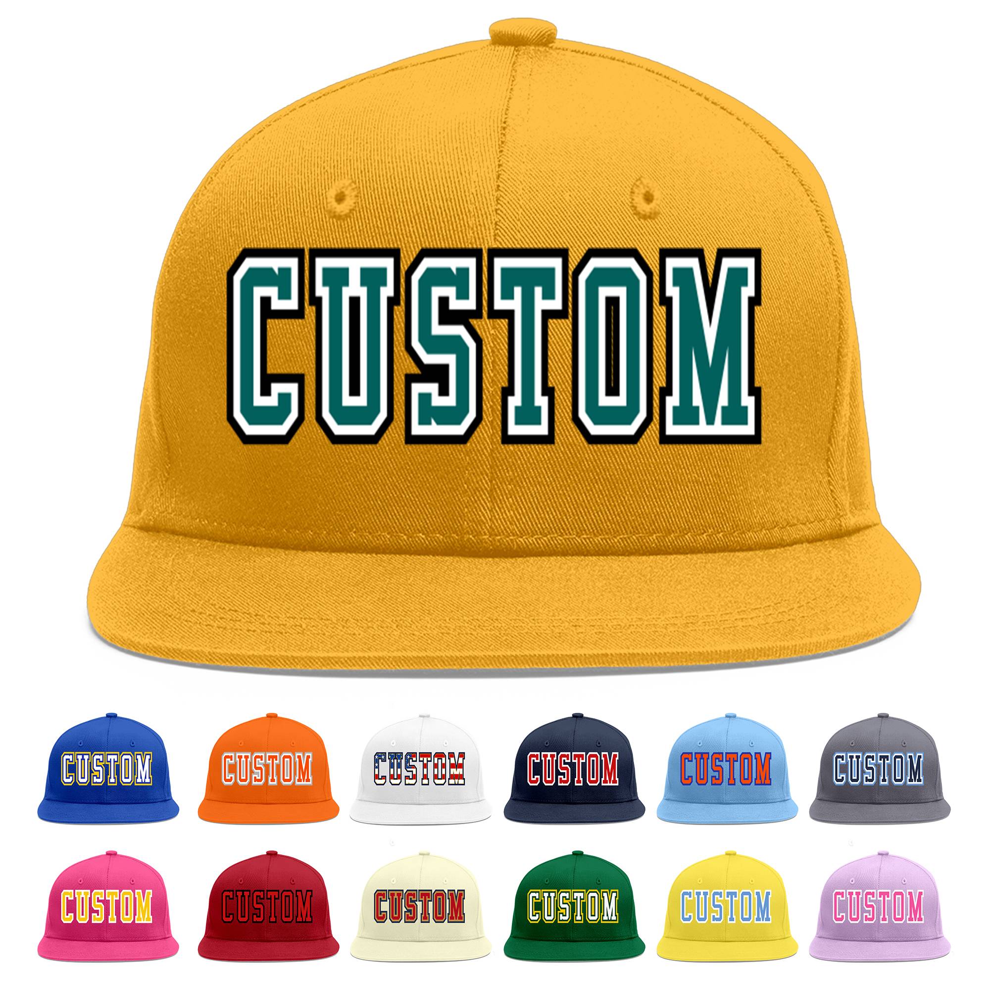 Custom Gold Aqua-White Flat Eaves Sport Baseball Cap