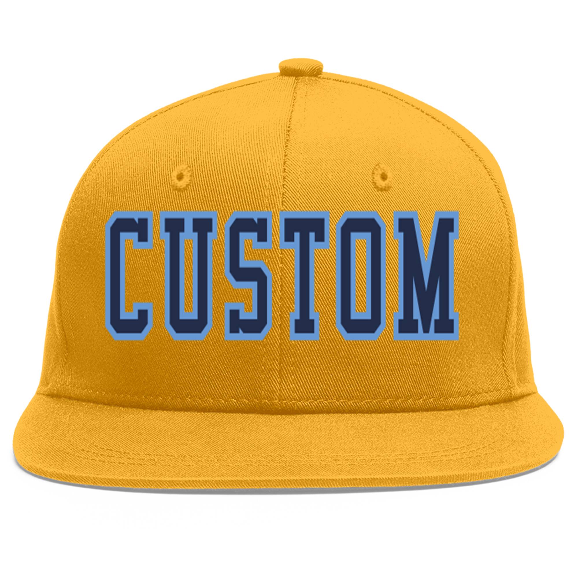 Custom Gold Navy-Light Blue Flat Eaves Sport Baseball Cap