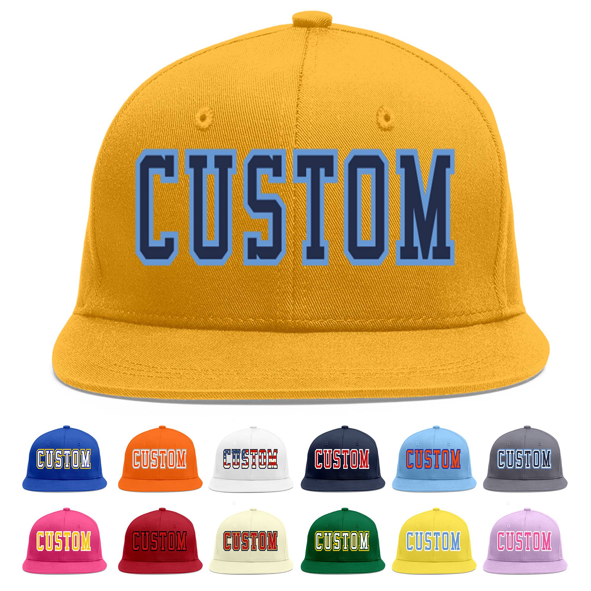 Custom Gold Navy-Light Blue Flat Eaves Sport Baseball Cap