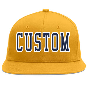 Custom Gold Navy-White Flat Eaves Sport Baseball Cap