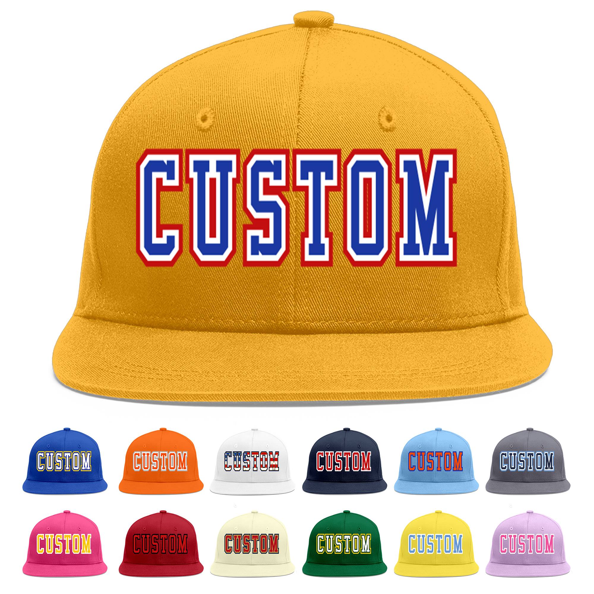 Custom Gold Royal-White Flat Eaves Sport Baseball Cap