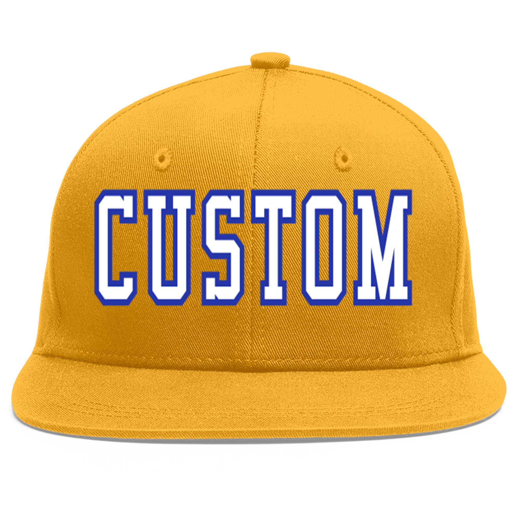 Casquette de baseball personnalisée Gold White-Royal Flat Eaves Sport