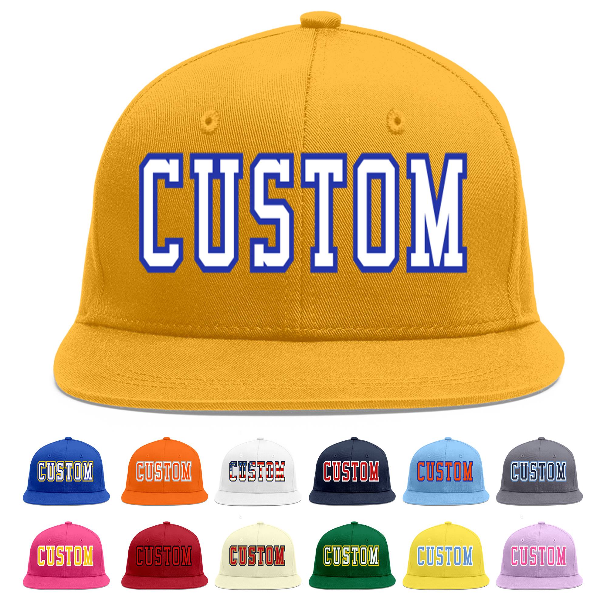 Casquette de baseball personnalisée Gold White-Royal Flat Eaves Sport