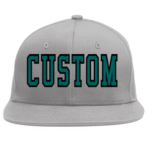 Custom Gray Aqua-Black Flat Eaves Sport Baseball Cap