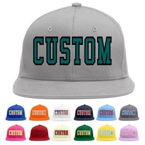 Custom Gray Aqua-Black Flat Eaves Sport Baseball Cap