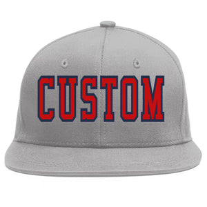 Custom Gray Red-Navy Flat Eaves Sport Baseball Cap