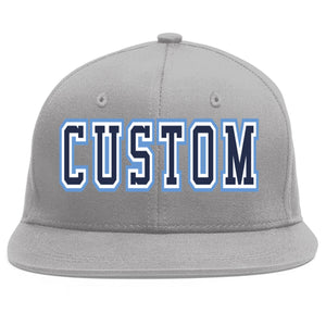 Custom Gray Navy-White Flat Eaves Sport Baseball Cap