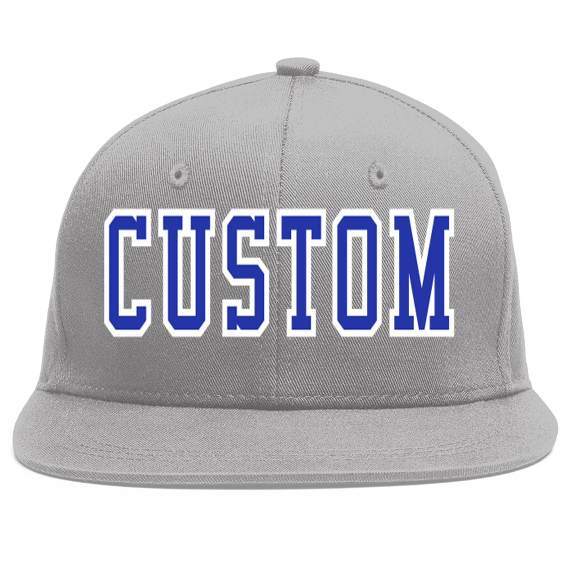 Casquette de baseball sport personnalisée gris royal-blanc plat Eaves