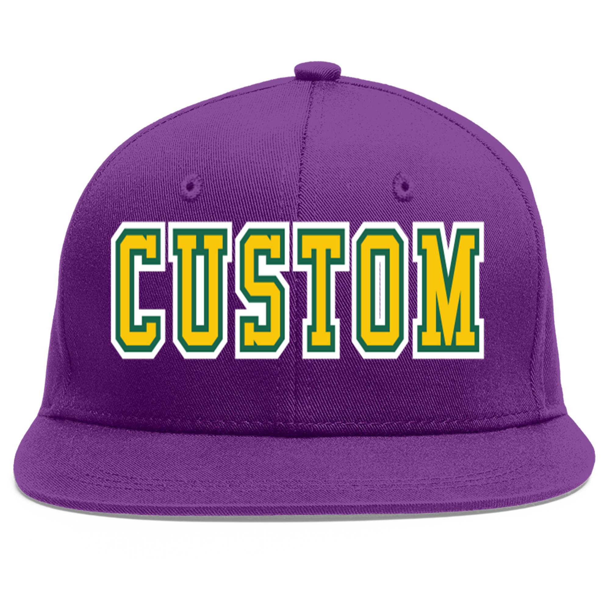 Casquette de baseball sport personnalisée violet or-Kelly vert plat avant-toit