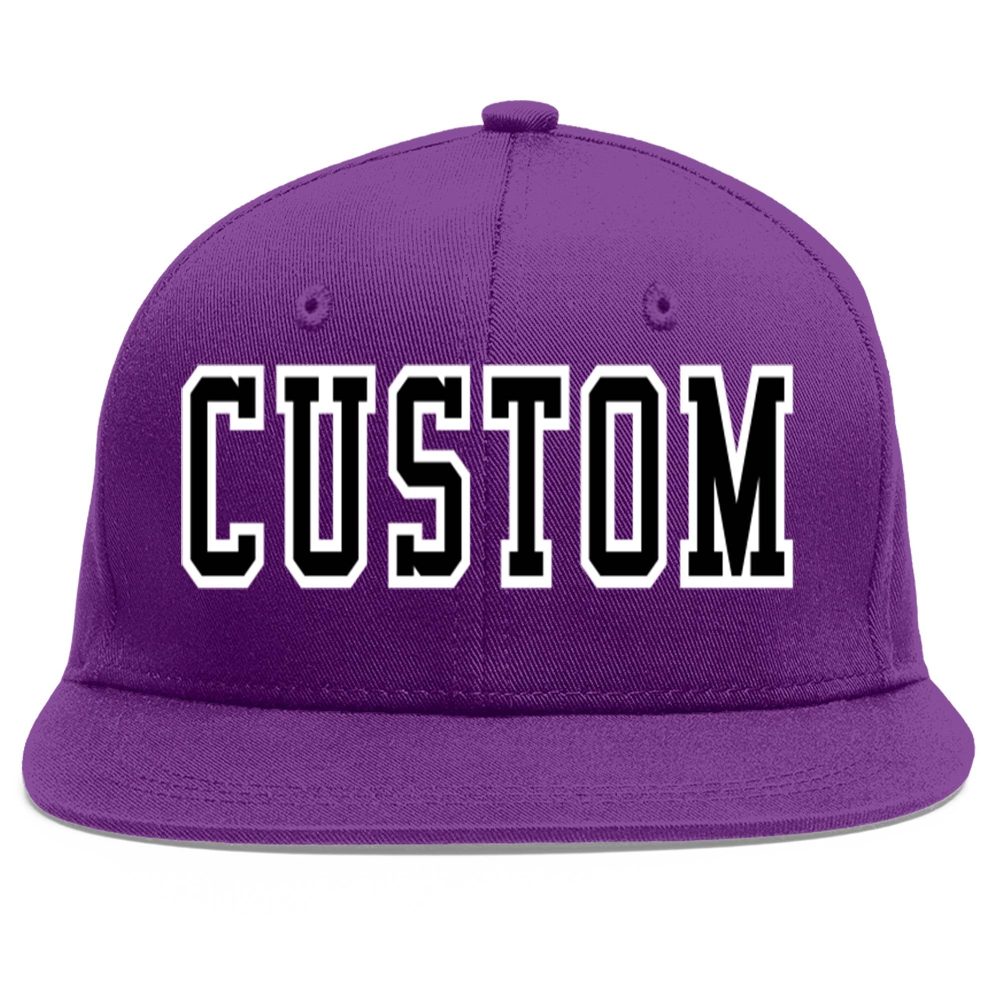 Custom Purple Black-White Flat Eaves Sport Baseball Cap