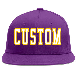 Custom Purple White-Gold Flat Eaves Sport Baseball Cap