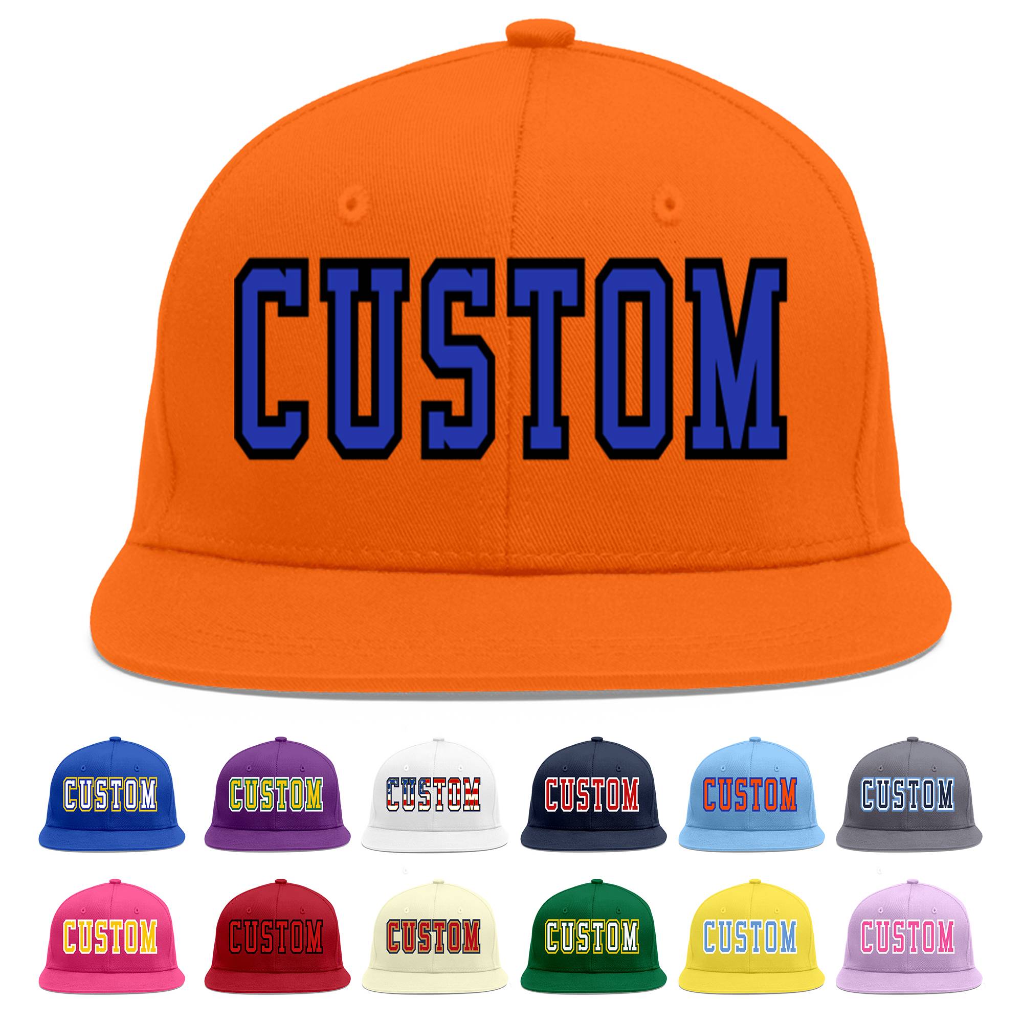 Custom Orange Royal-Black Flat Eaves Sport Baseball Cap