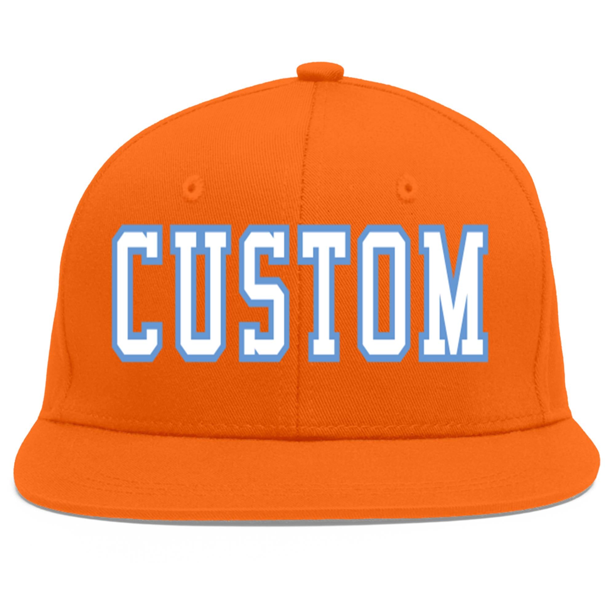 Custom Orange White-Light Blue Flat Eaves Sport Baseball Cap