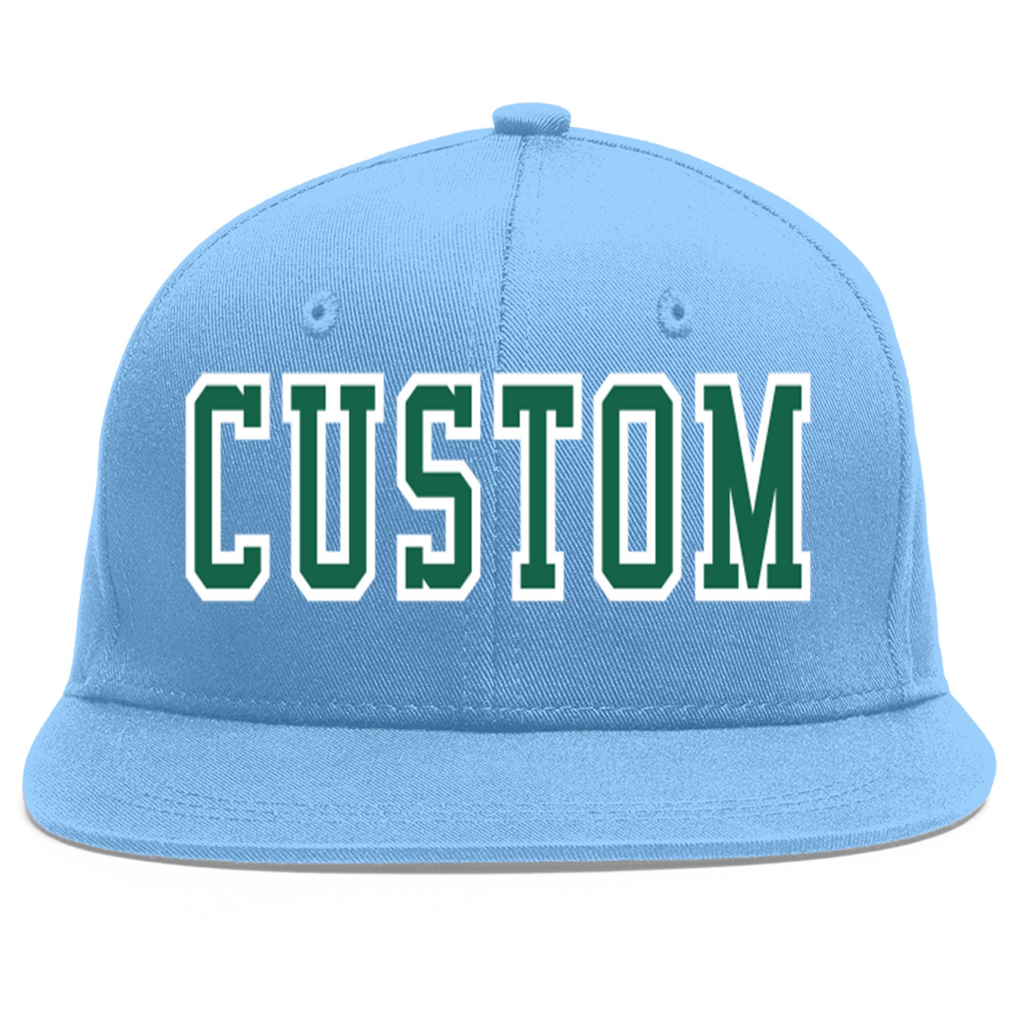 Casquette de baseball sport personnalisée bleu clair Kelly vert-blanc Flat Eaves