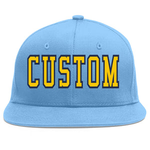 Custom Light Blue Gold-Navy Flat Eaves Sport Baseball Cap