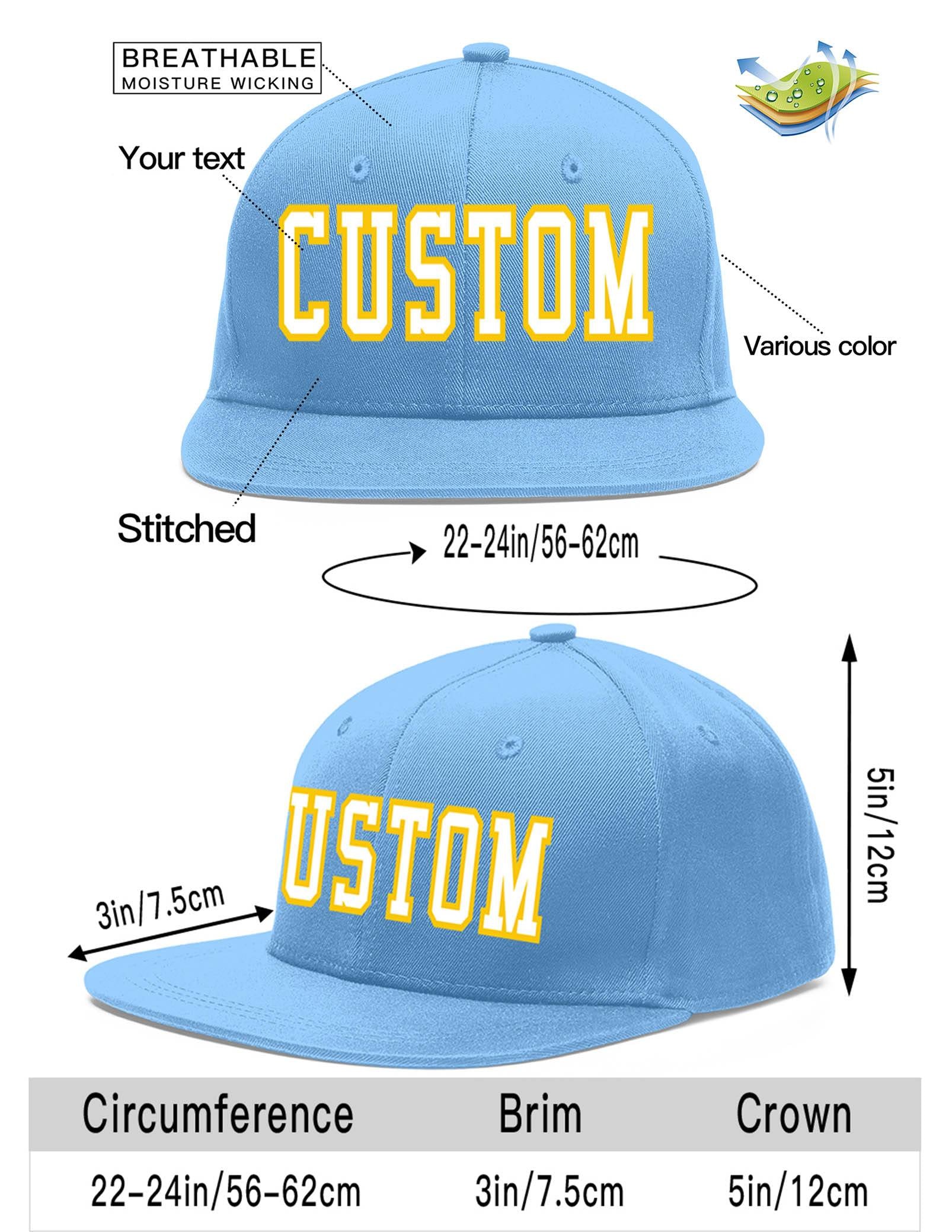 Custom Light Blue White-Gold Flat Eaves Sport Baseball Cap