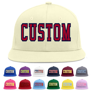 Custom Cream Red-Navy Flat Eaves Sport Baseball Cap