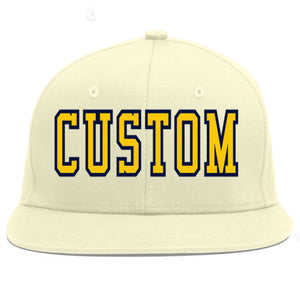 Custom Cream Gold-Navy Flat Eaves Sport Baseball Cap