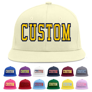 Custom Cream Gold-Navy Flat Eaves Sport Baseball Cap