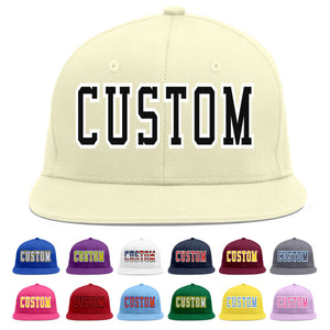 Custom Cream Black-White Flat Eaves Sport Baseball Cap