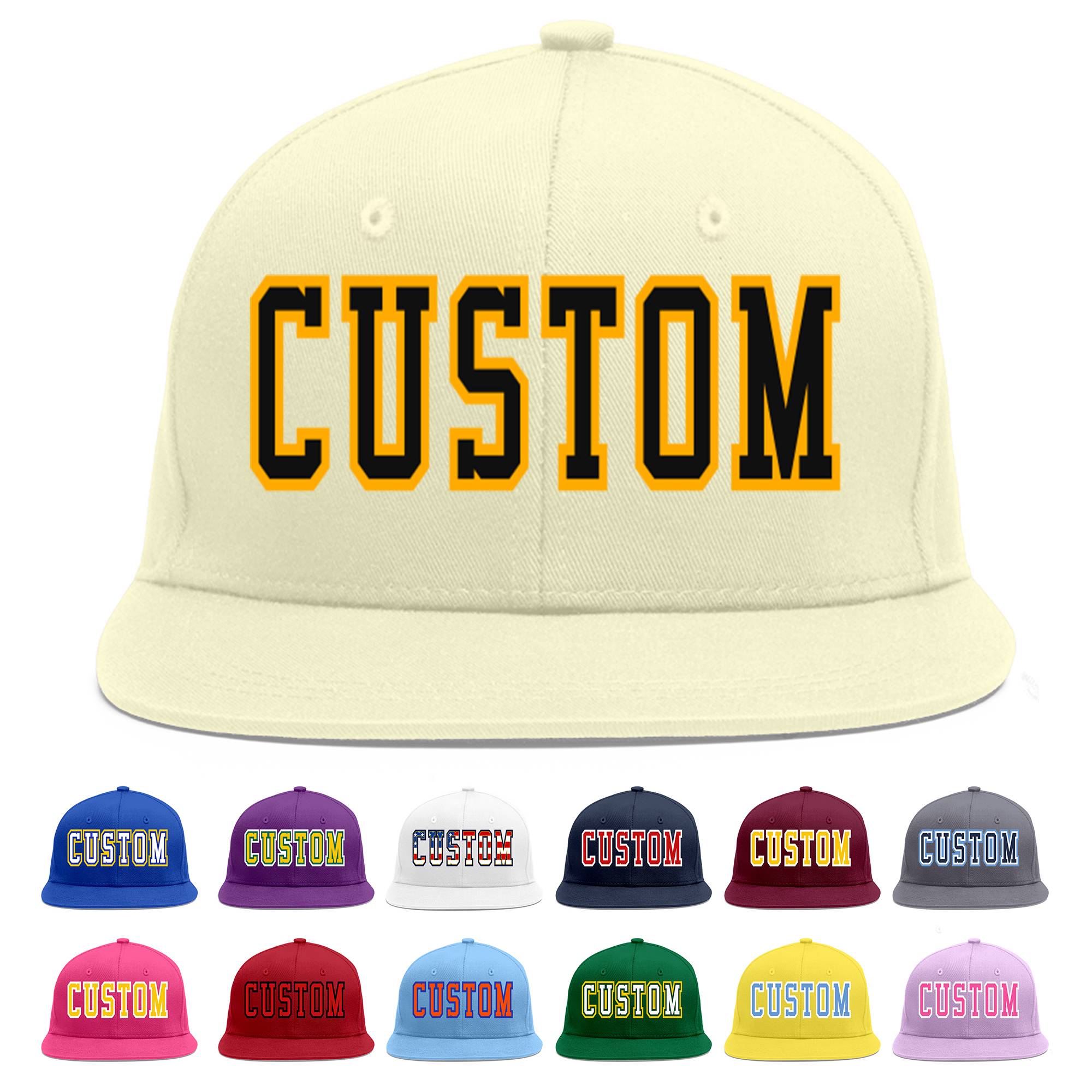 Custom Cream Black-Yellow Flat Eaves Sport Baseball Cap