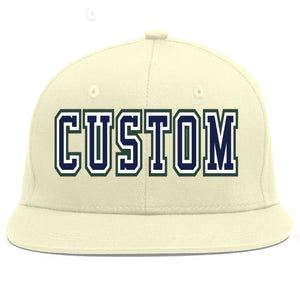 Casquette de baseball de sport plate Eaves, crème personnalisée, bleu marine et blanc