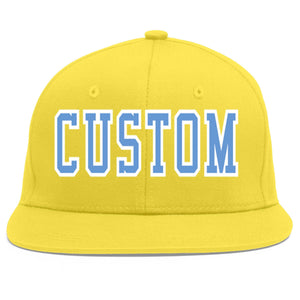 Custom Light Gold Light Blue-White Flat Eaves Sport Baseball Cap