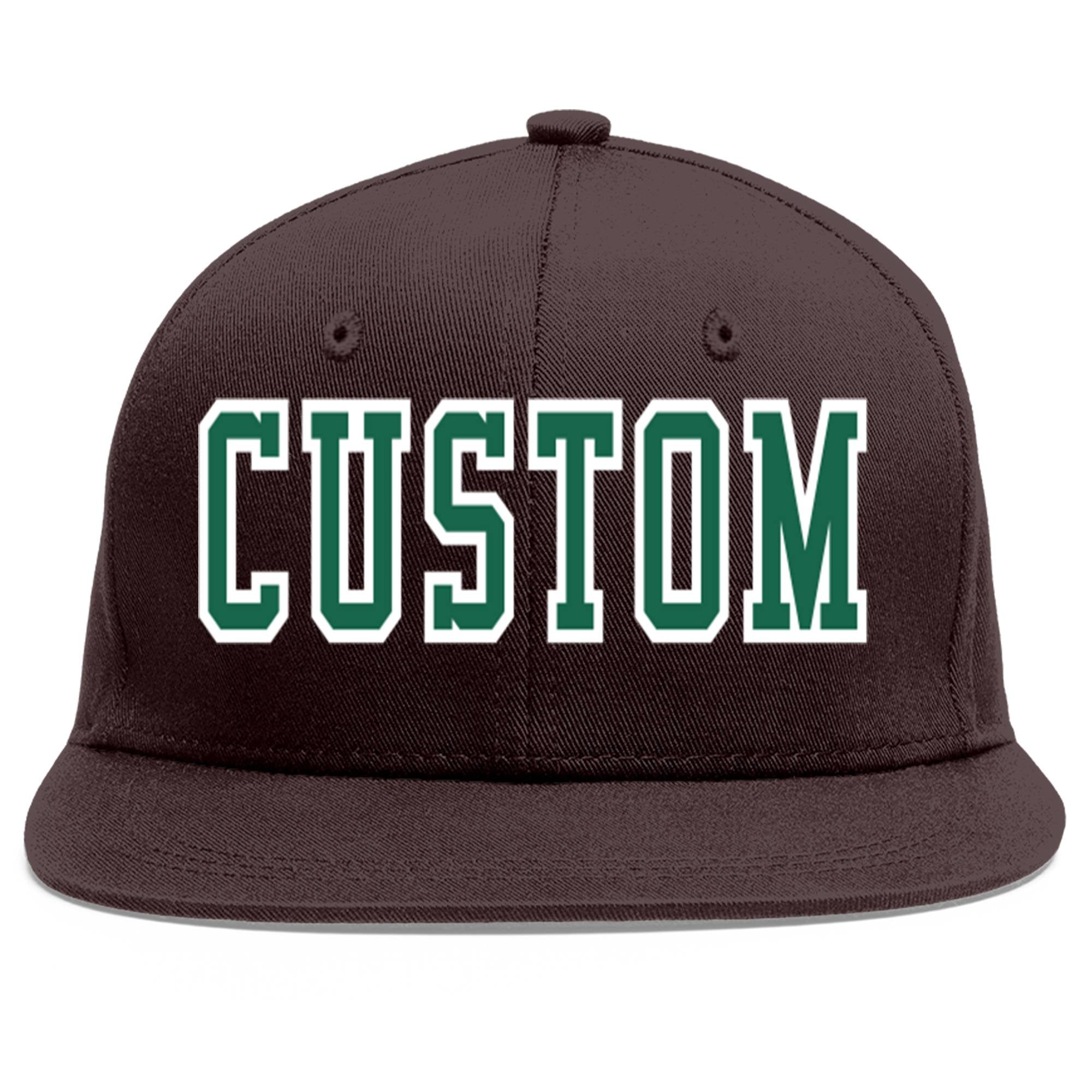 Custom Brown Kelly Green-White Flat Eaves Sport Baseball Cap