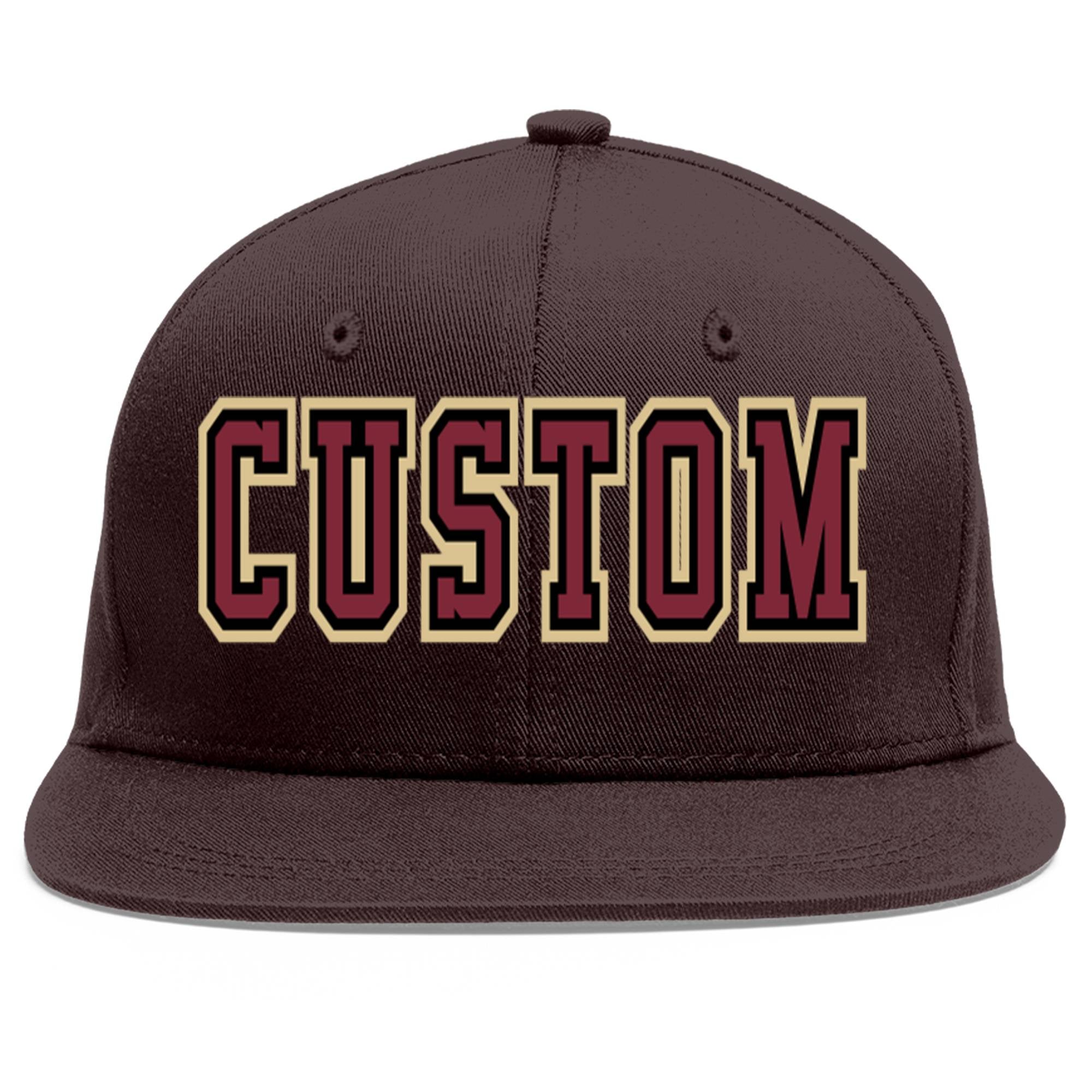 Custom Brown Crimson-Black Flat Eaves Sport Baseball Cap