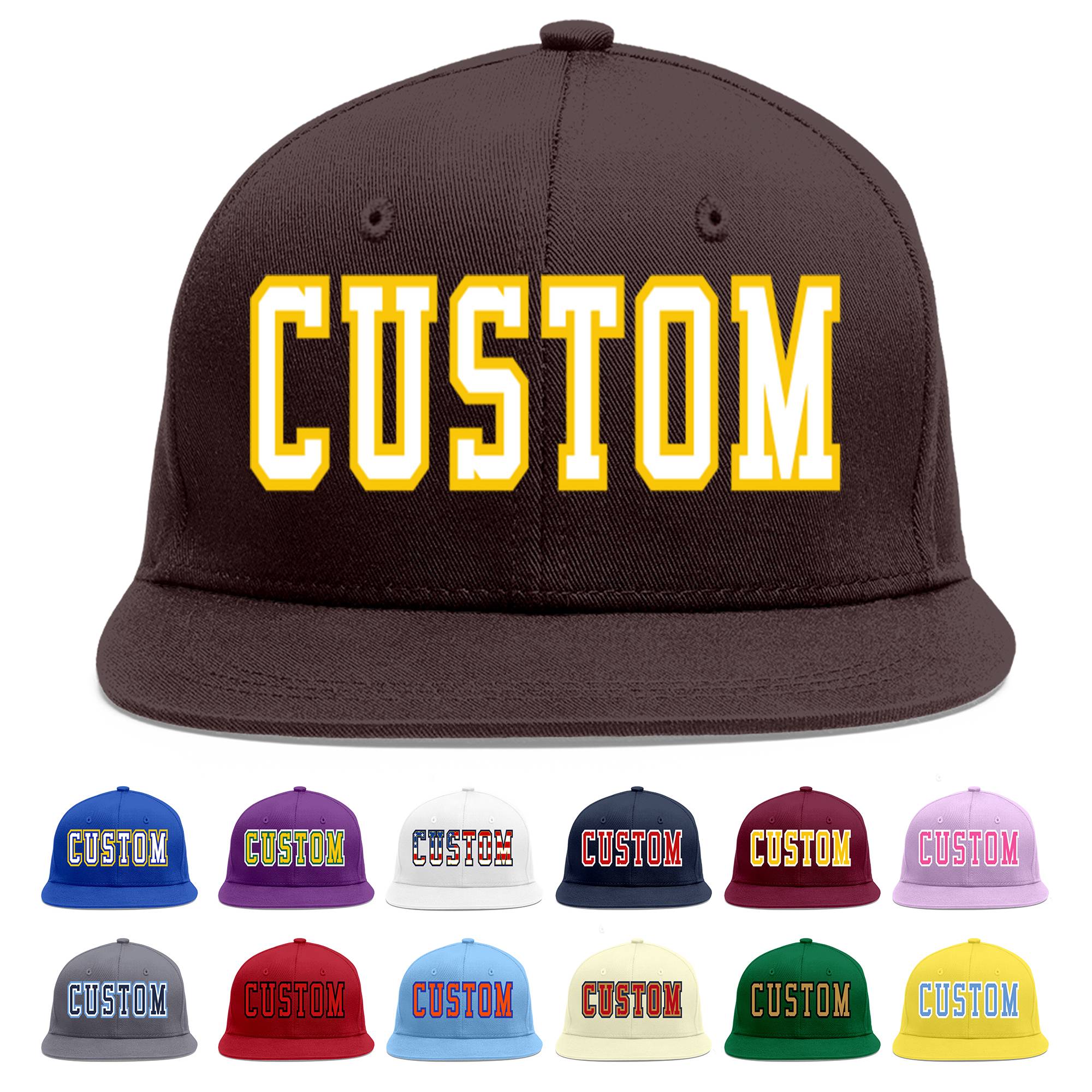 Custom Brown White-Gold Flat Eaves Sport Baseball Cap