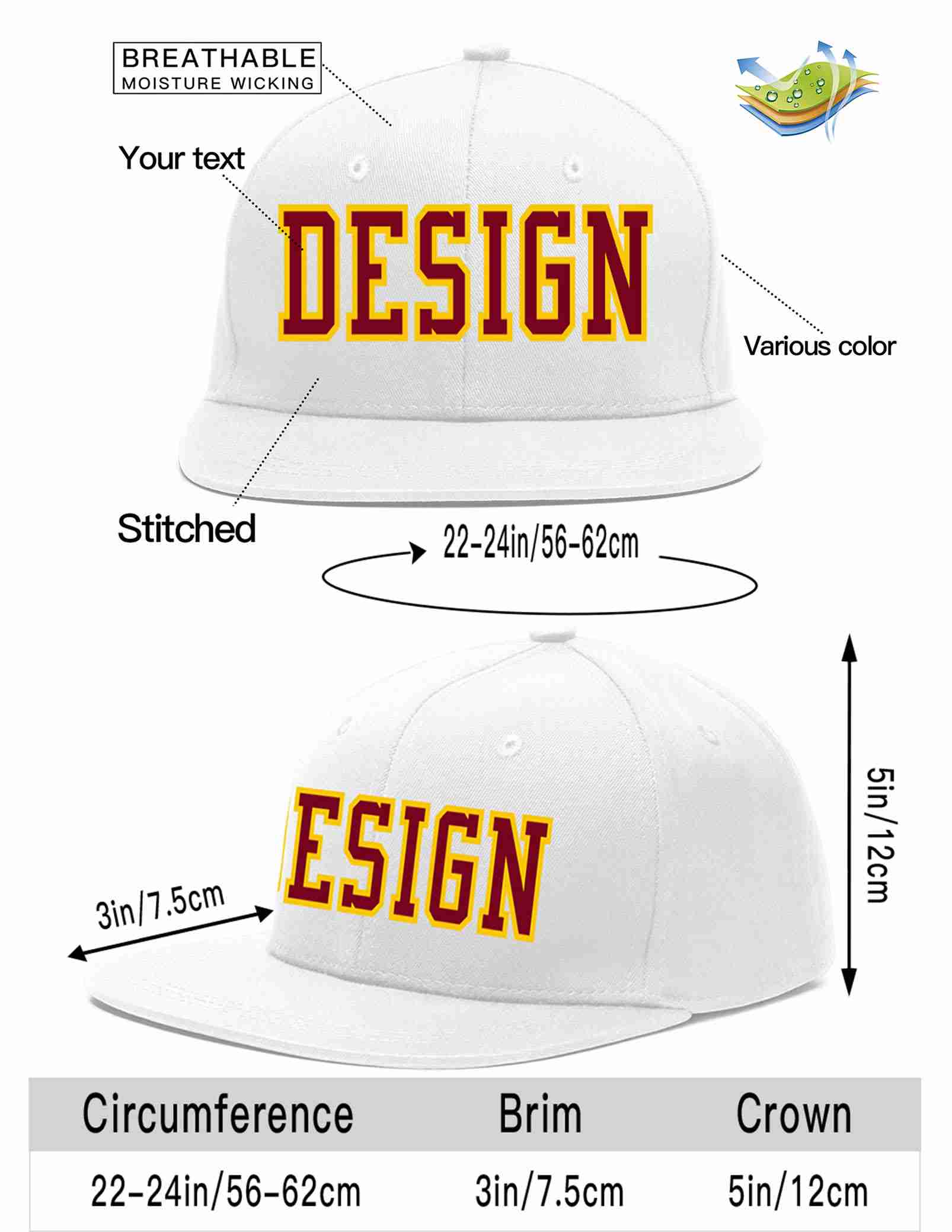 Custom White Crimson-Gold Flat Eaves Sport Baseball Cap Design for Men/Women/Youth