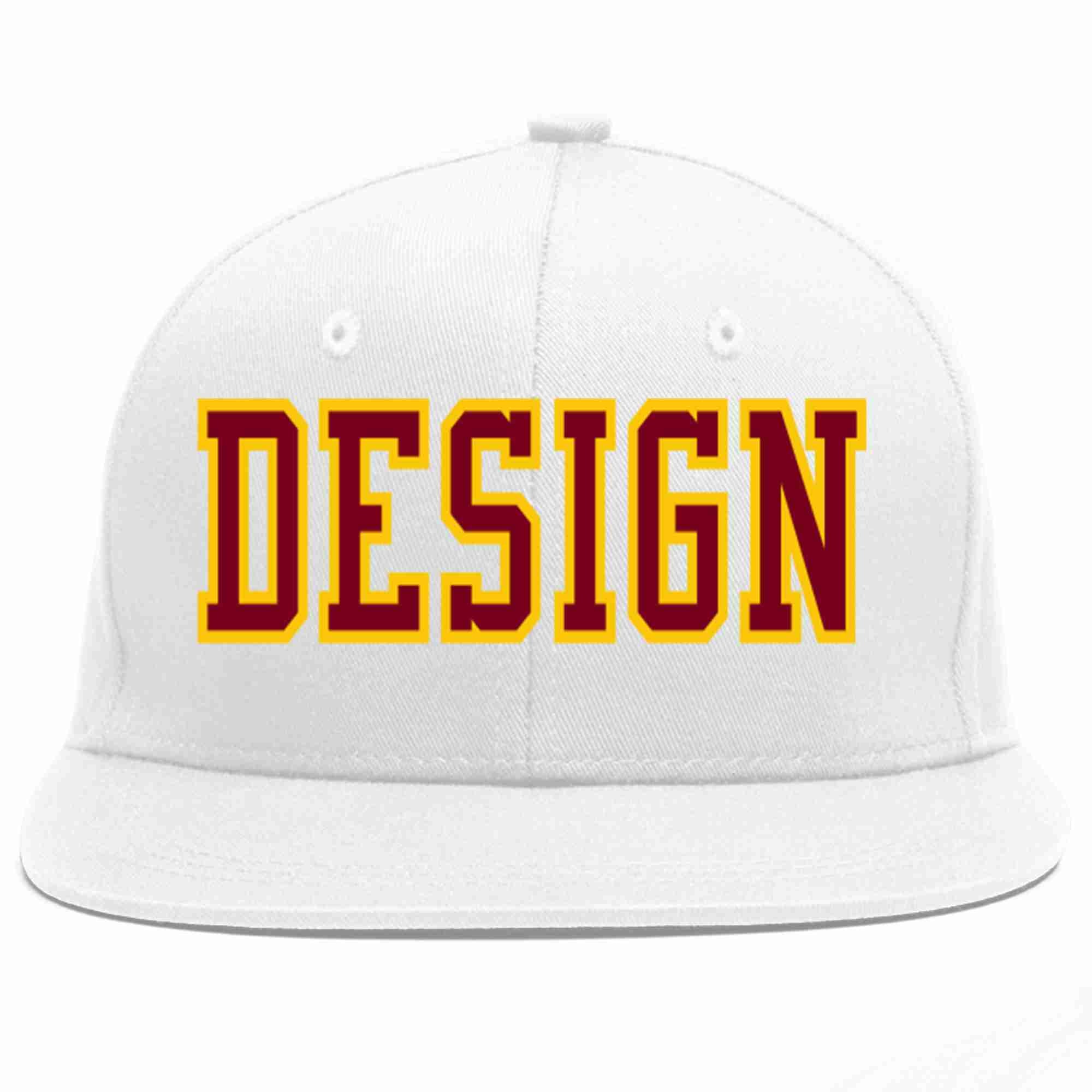 Custom White Crimson-Gold Flat Eaves Sport Baseball Cap Design for Men/Women/Youth