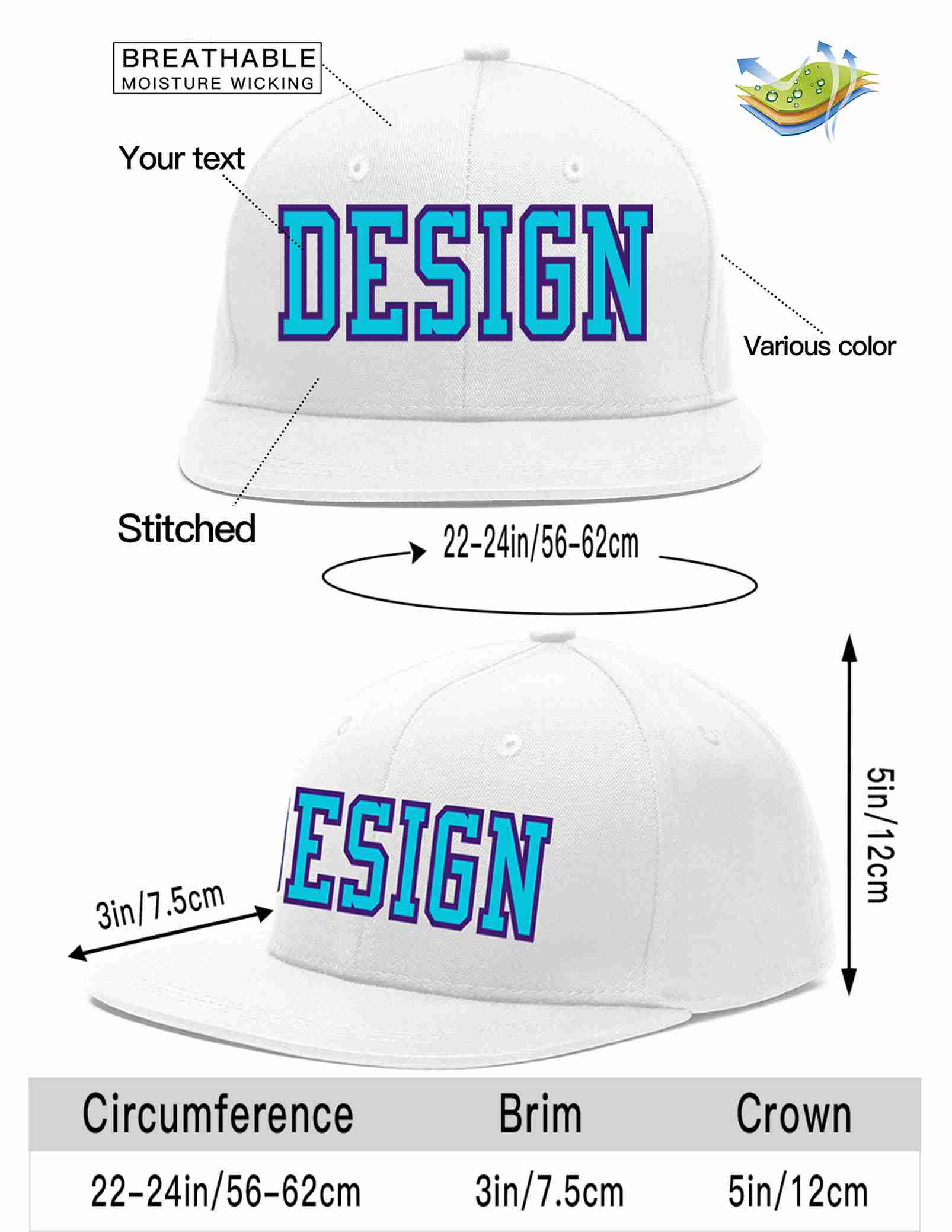 Custom White Light Blue-purple Flat Eaves Sport Baseball Cap Design for Men/Women/Youth