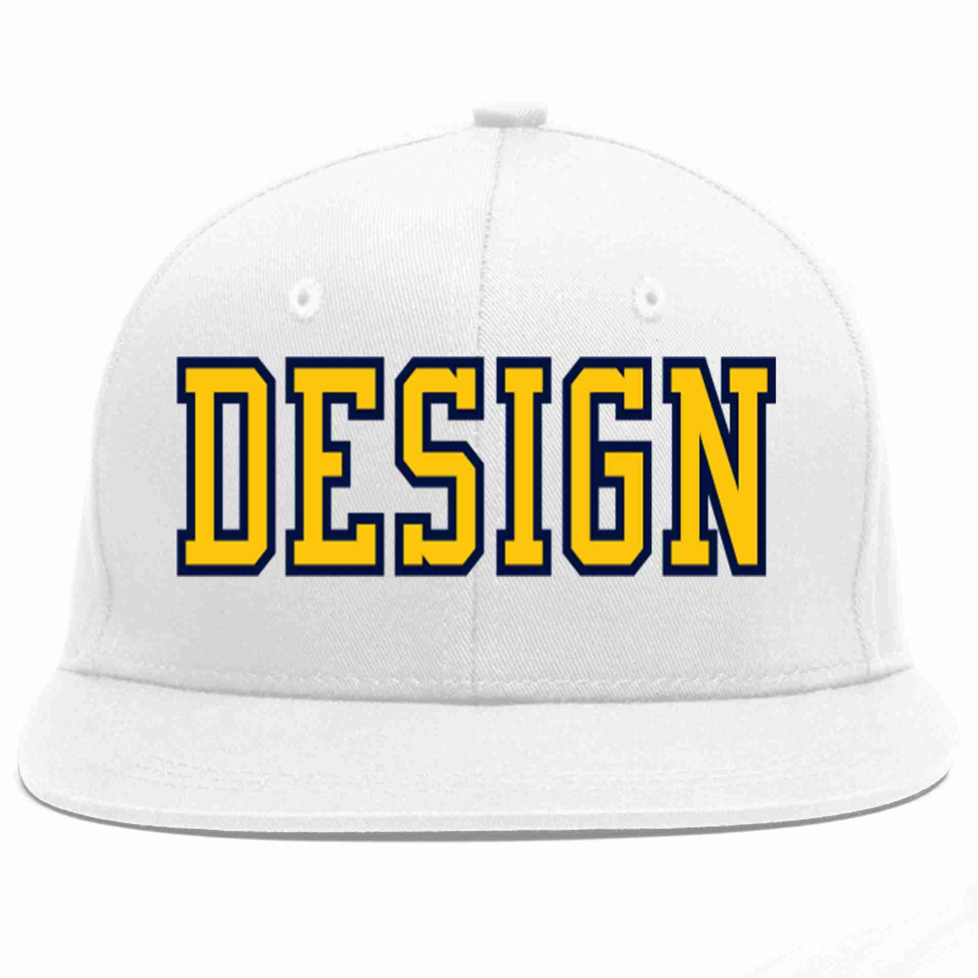 Custom White Gold-Navy Flat Eaves Sport Baseball Cap Design for Men/Women/Youth