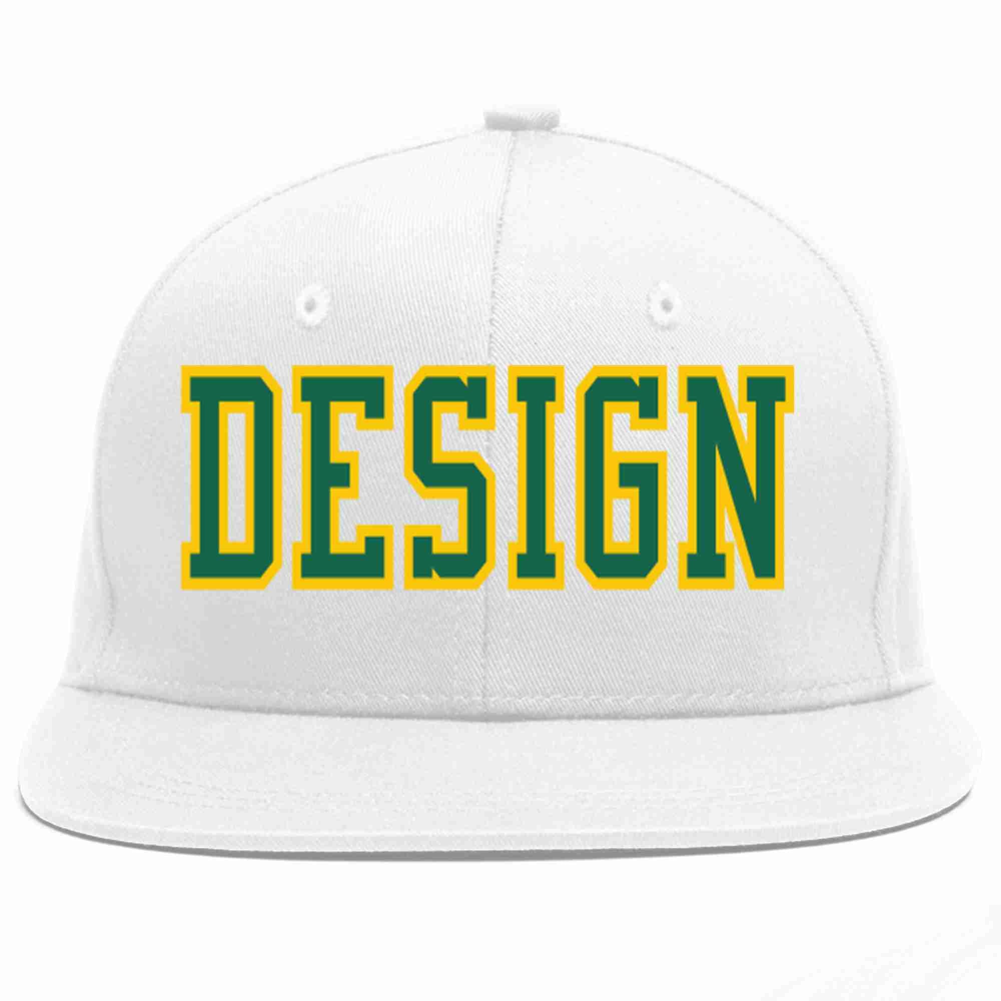 Custom White Kelly Green-Gold Flat Eaves Sport Baseball Cap Design for Men/Women/Youth