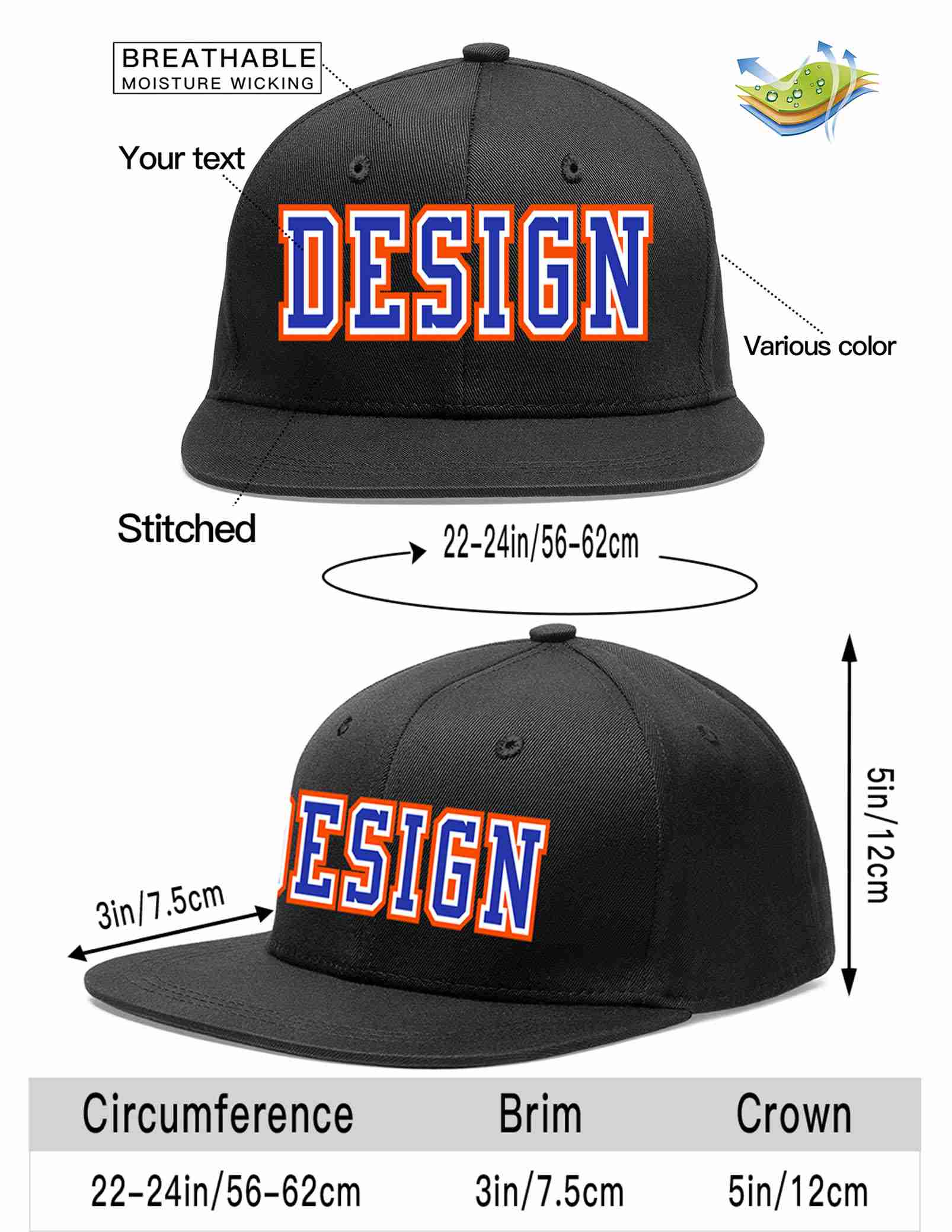 Custom Black Royal-White Flat Eaves Sport Baseball Cap Design for Men/Women/Youth