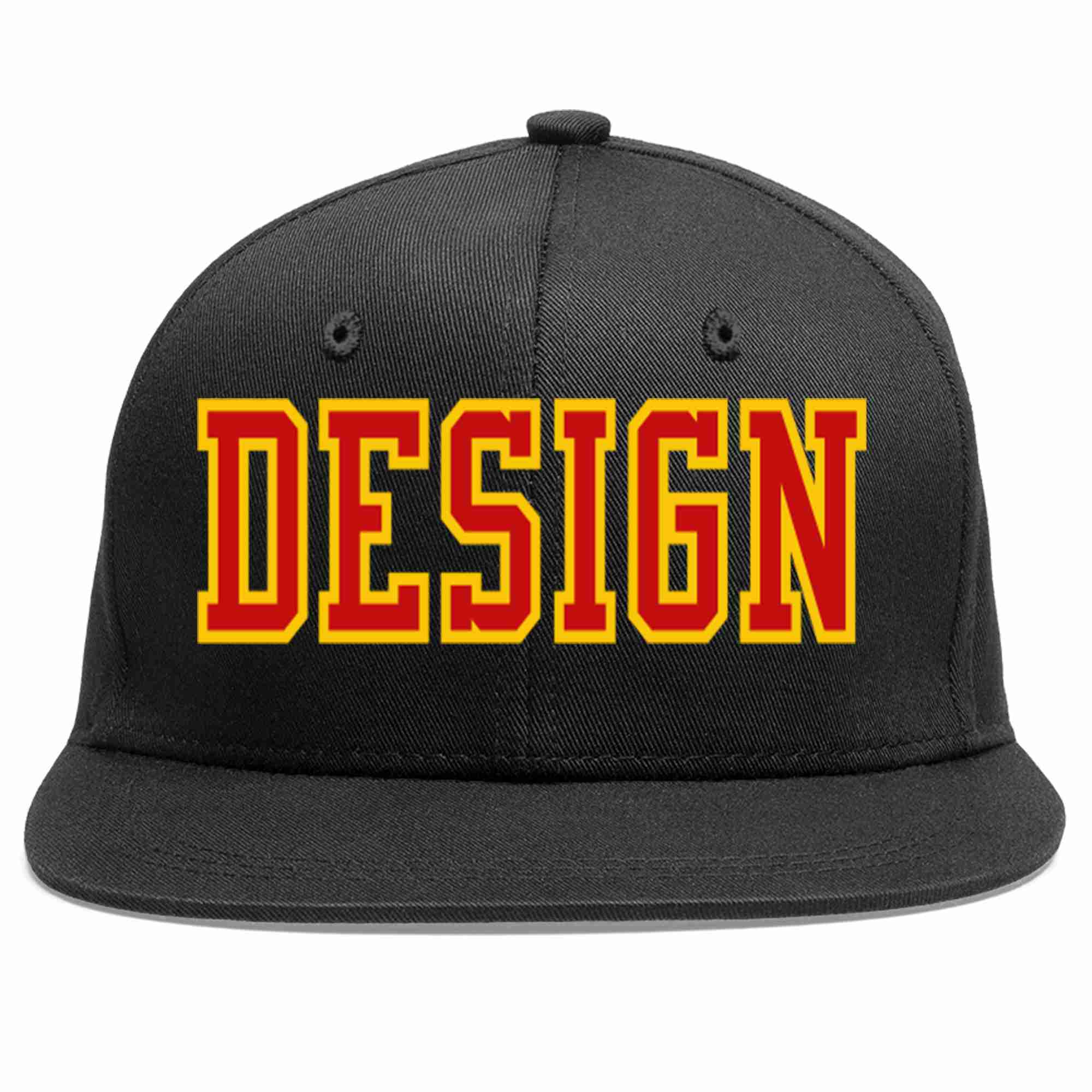 Conception personnalisée de casquette de baseball de sport à avant-toit plat noir rouge-jaune pour hommes/femmes/jeunes